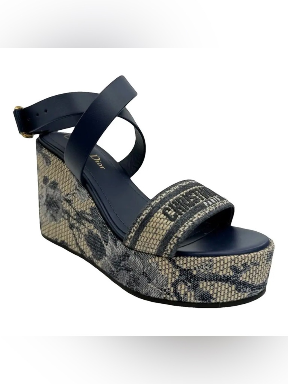 Dior Women's Blue Dway Wedge Sandal Calfskin and Embroidered Cotton Size 38.5